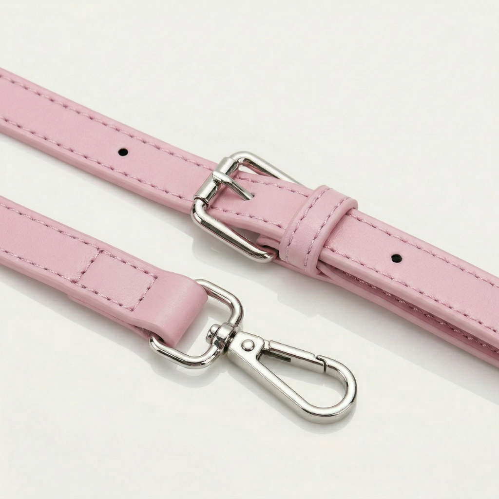 Pink leather belt with silver hardware on a white background