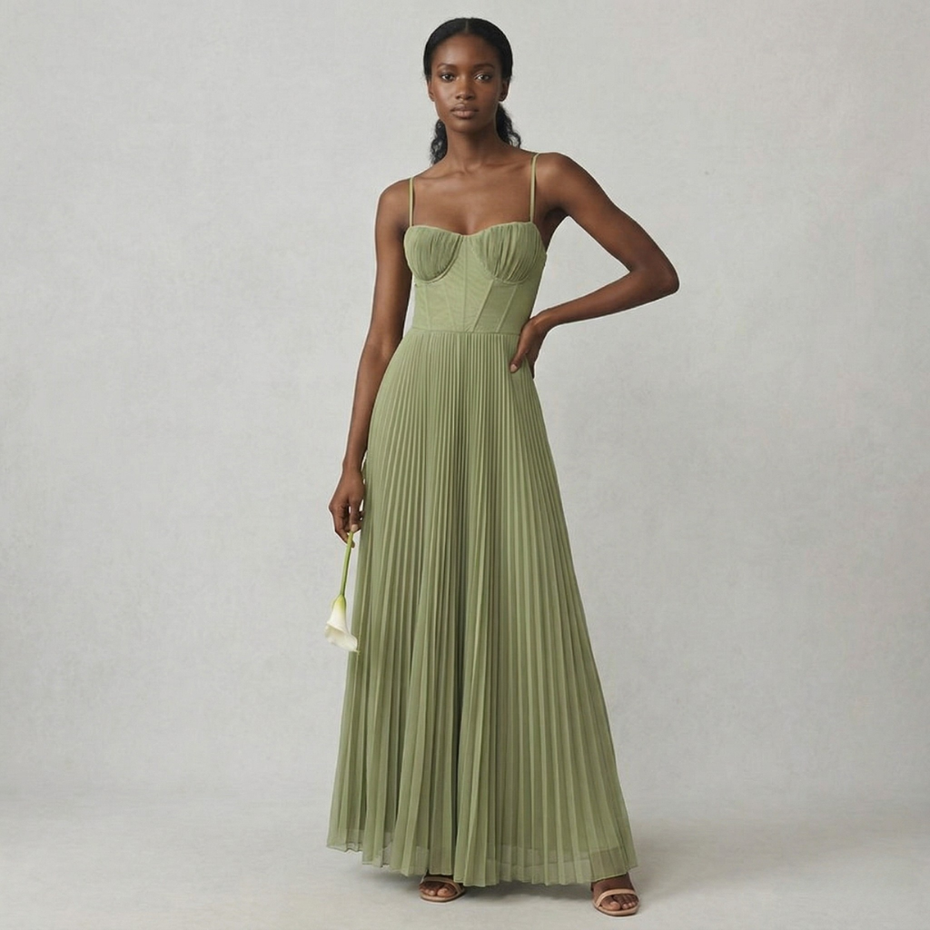 Woman wearing a green pleated dress against a plain background