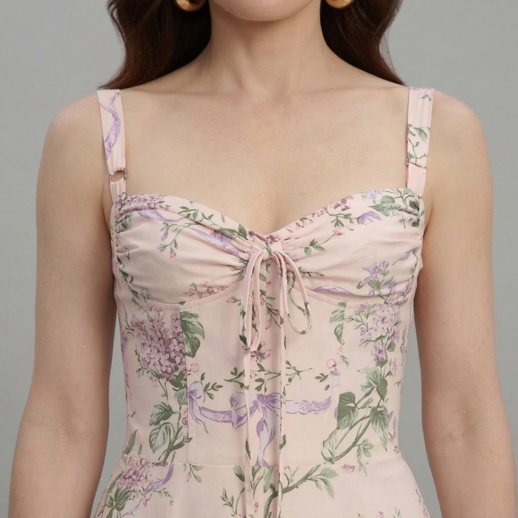 Woman wearing a floral dress with a gray background