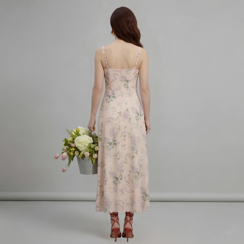 Woman in a floral dress holding flowers against a plain background