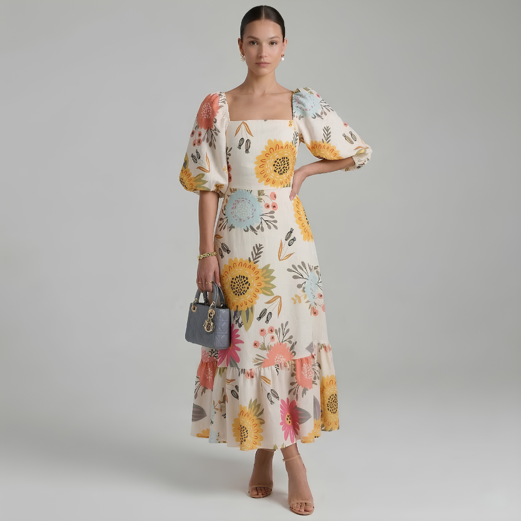 Woman wearing a floral dress with puff sleeves against a gray background