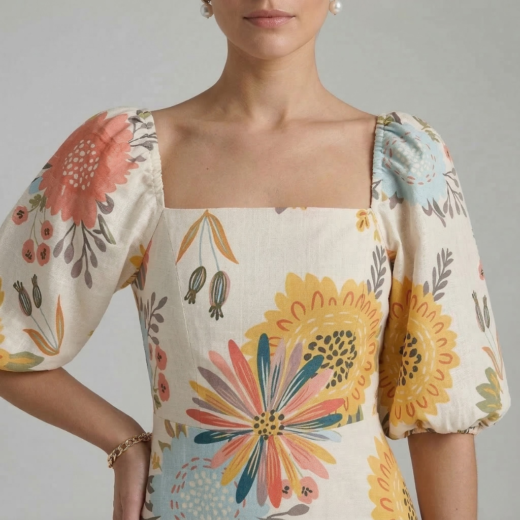 Woman wearing a floral blouse with colorful patterns on a plain background