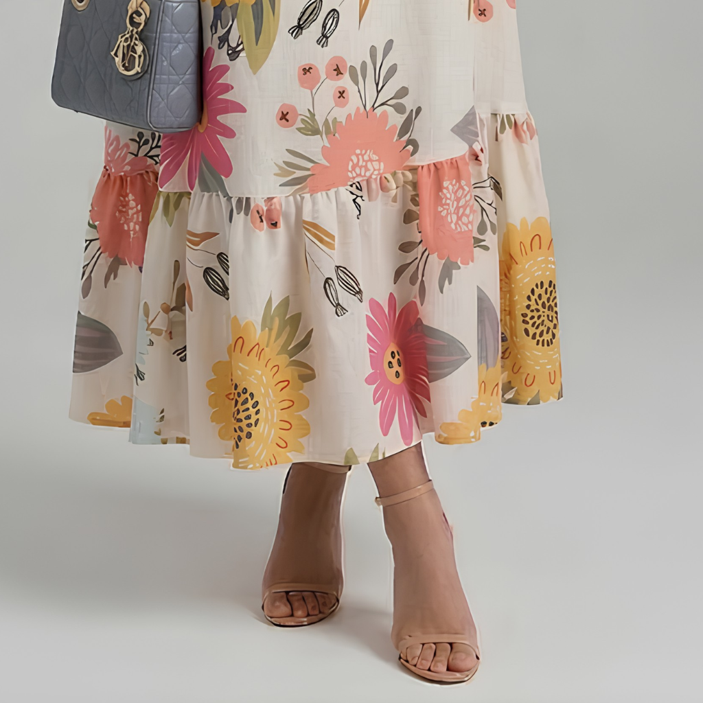 Person wearing a floral dress with a gray handbag on a white background