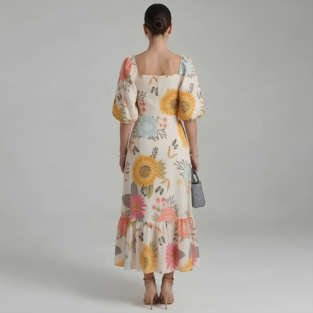 Woman wearing a floral dress with a plain background