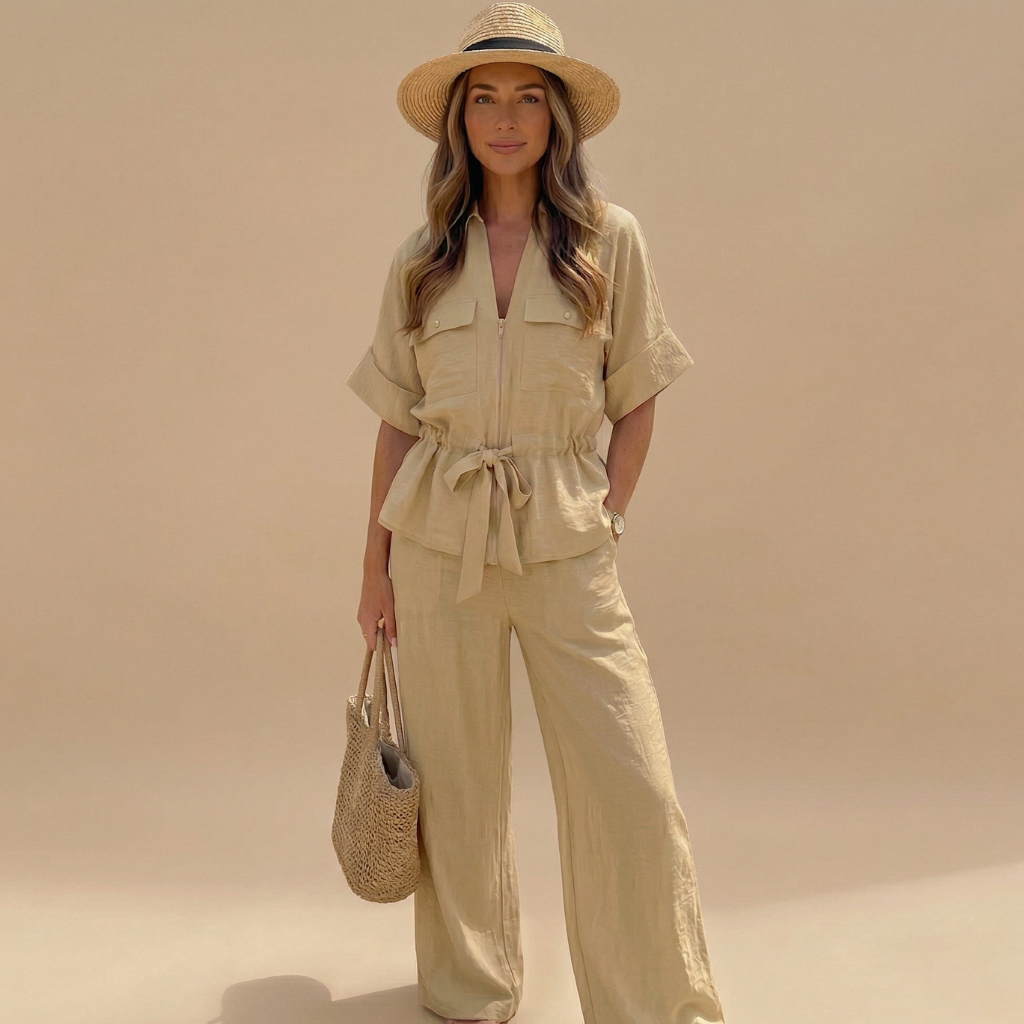 Woman in beige outfit with hat and bag against a beige background