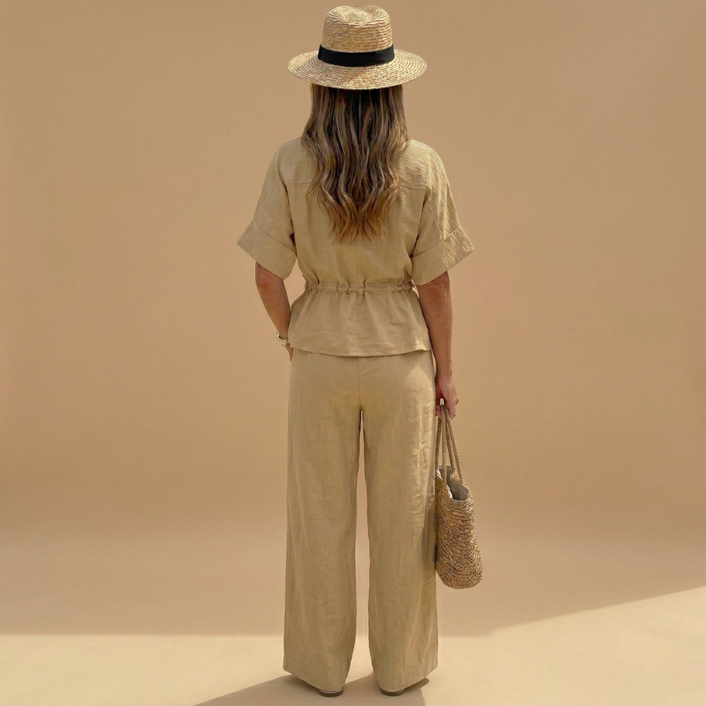 Woman in beige outfit with hat and bag against a beige background