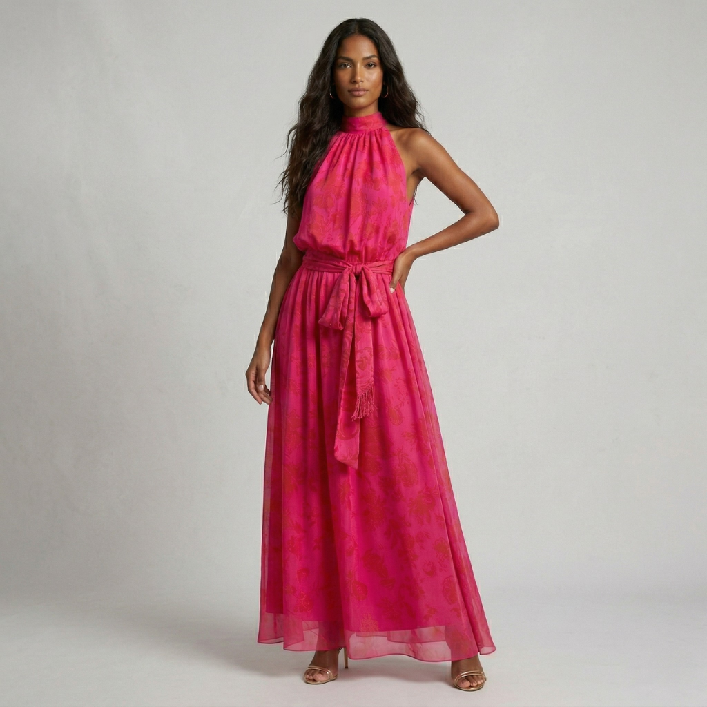 Woman wearing a pink dress against a gray background