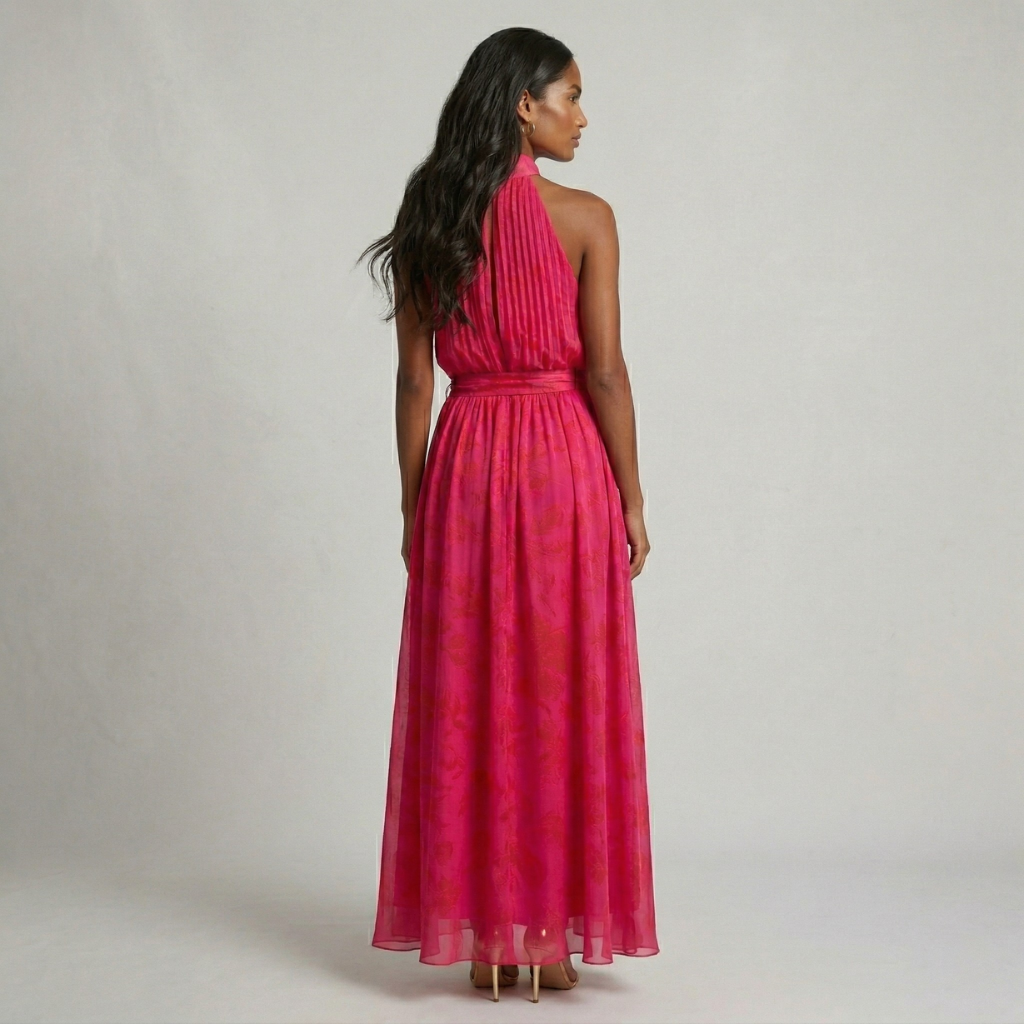 Woman wearing a pink halter neck dress against a plain background