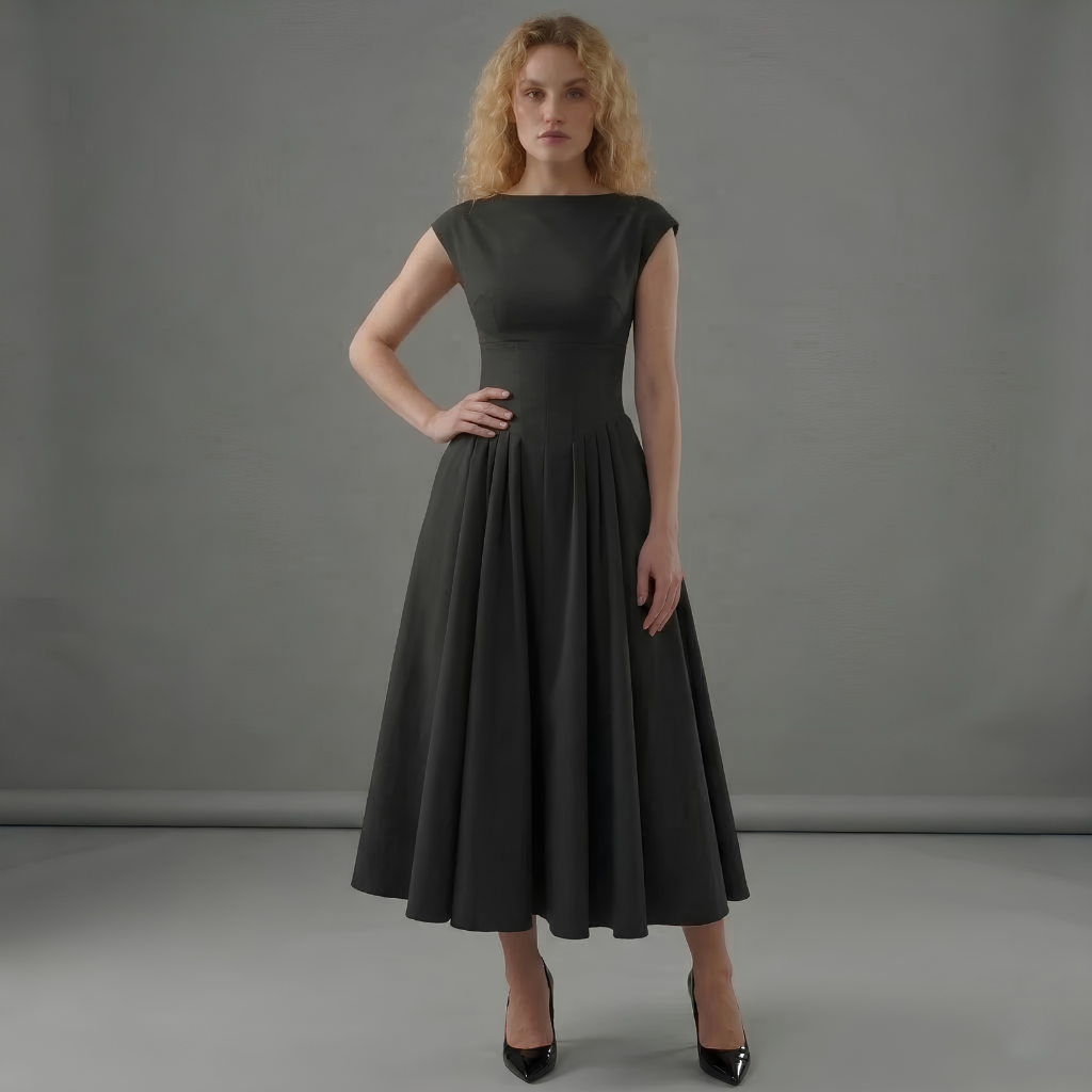 Woman wearing a black dress against a gray background