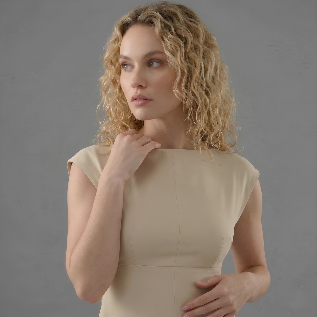 Woman wearing a beige dress against a gray background